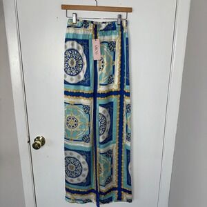 MICAS Blue‎ Gold Baroque Print Wide Leg Pants Trousers size Small